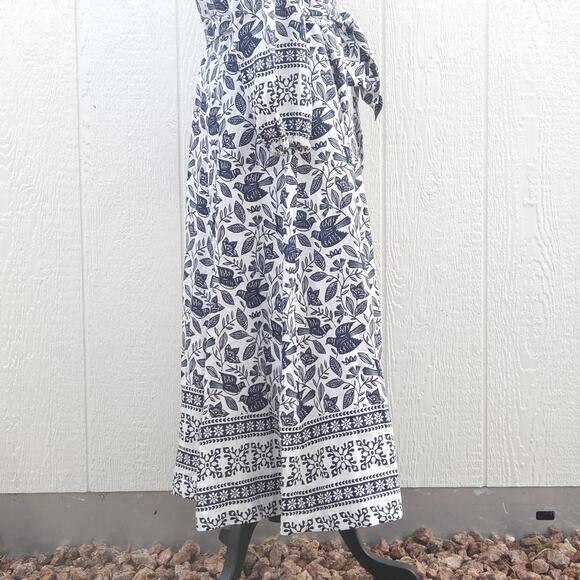 Boden Addie Linen Midi Dress US6R Blue Bird Floral Belt Pocket Block Resort Boho - Picture 8 of 16